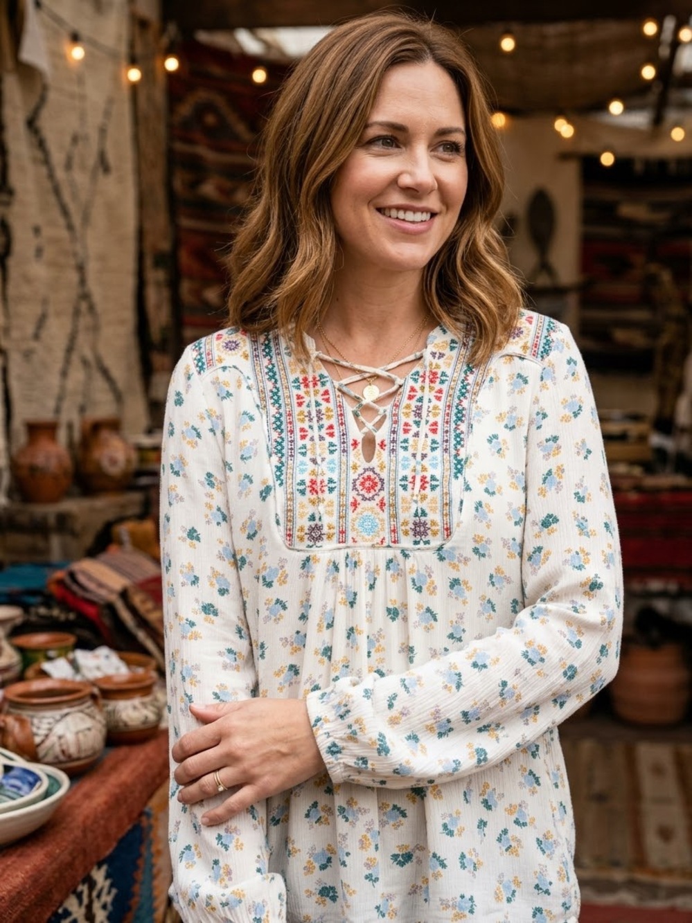 Democracy Cream Floral Lace-Up Embroidered Tunic